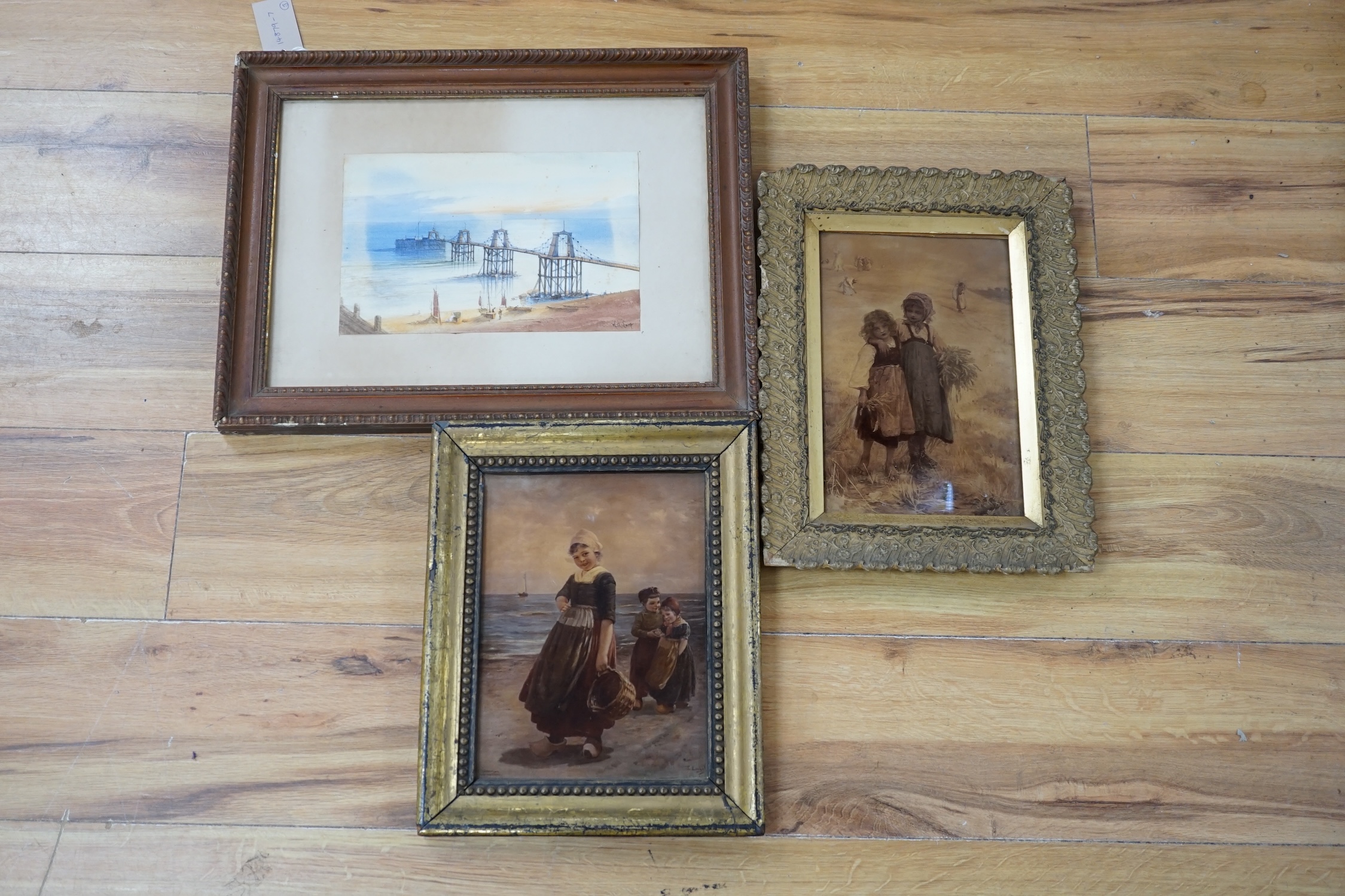 Two Victorian crystoleums including after Edmond Louyot (French, 1861-1920), Children on a beach, copyright 1906 by Franz Hanfstaengl, and a 19th century watercolour of a pier by W.A. Earp, 25 x 16cm. Condition - fair